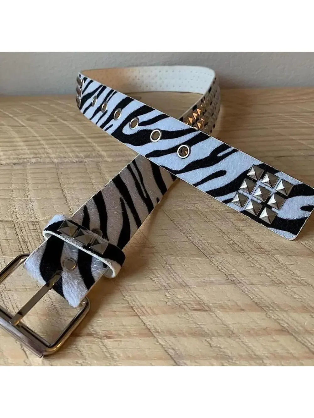 Y2K Cyber 2000s Style Zebra White Fur Studded Silver Belt
